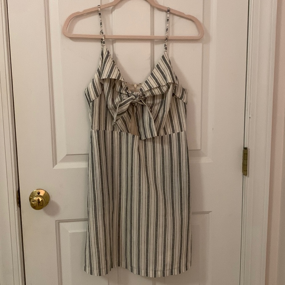 Blue and white striped dress with tie front